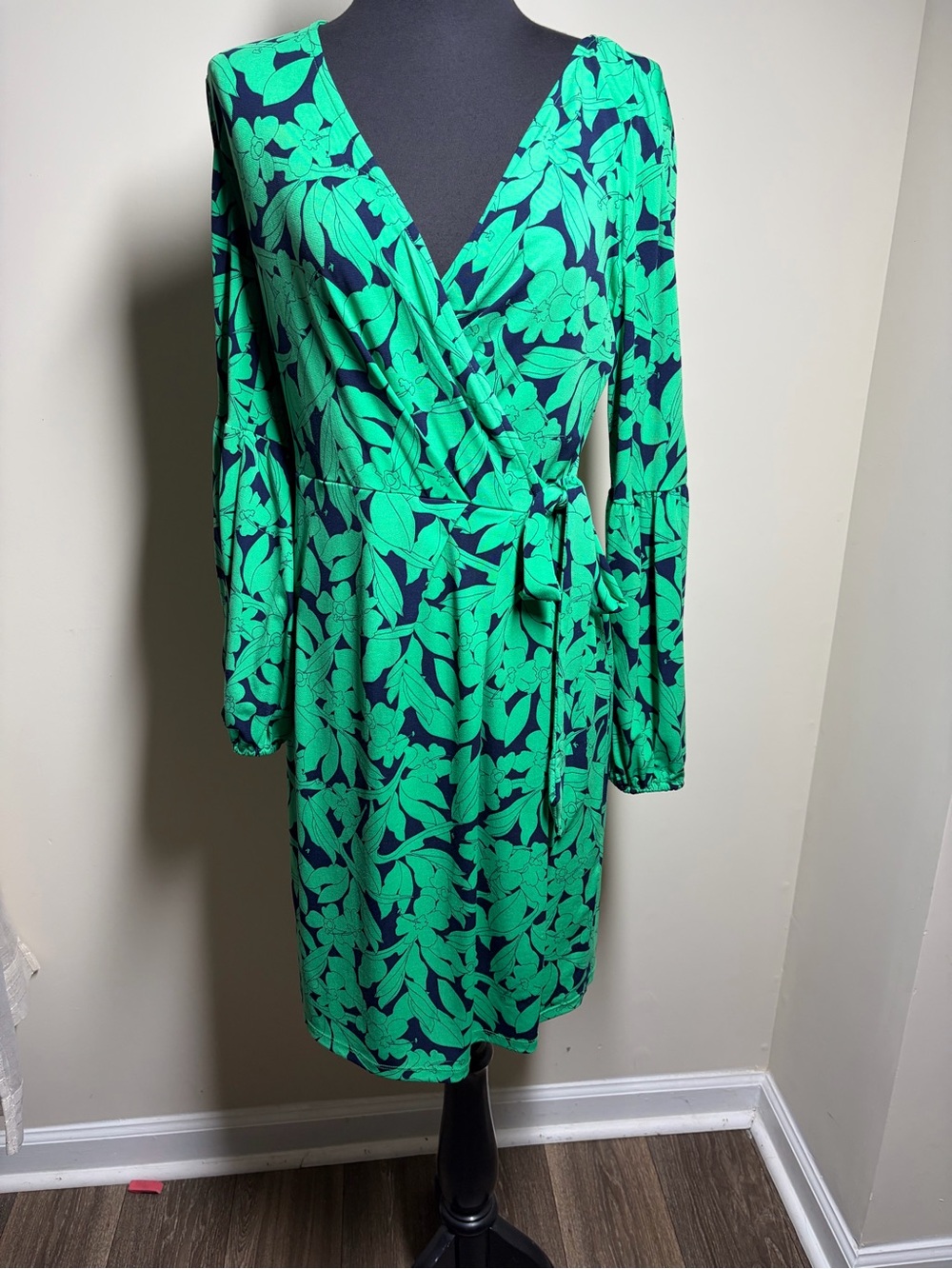 London Times Green and Navy Floral Wrap Dress - Women's Long Sleeve